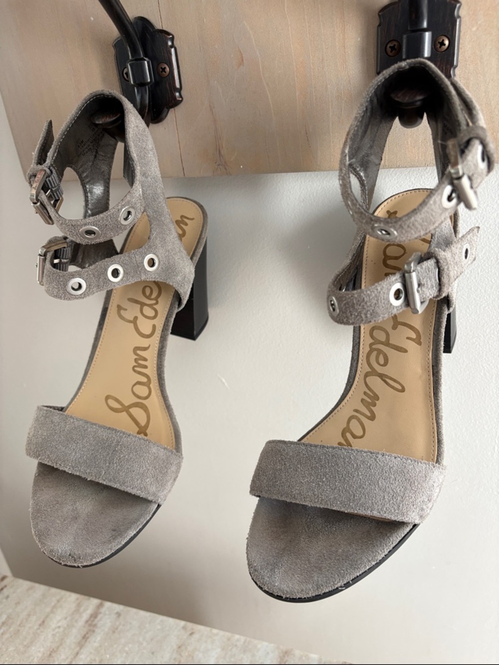 Sam Edelman Taupe Suede Ankle-Strap Block Heel Sandals Size 8.5